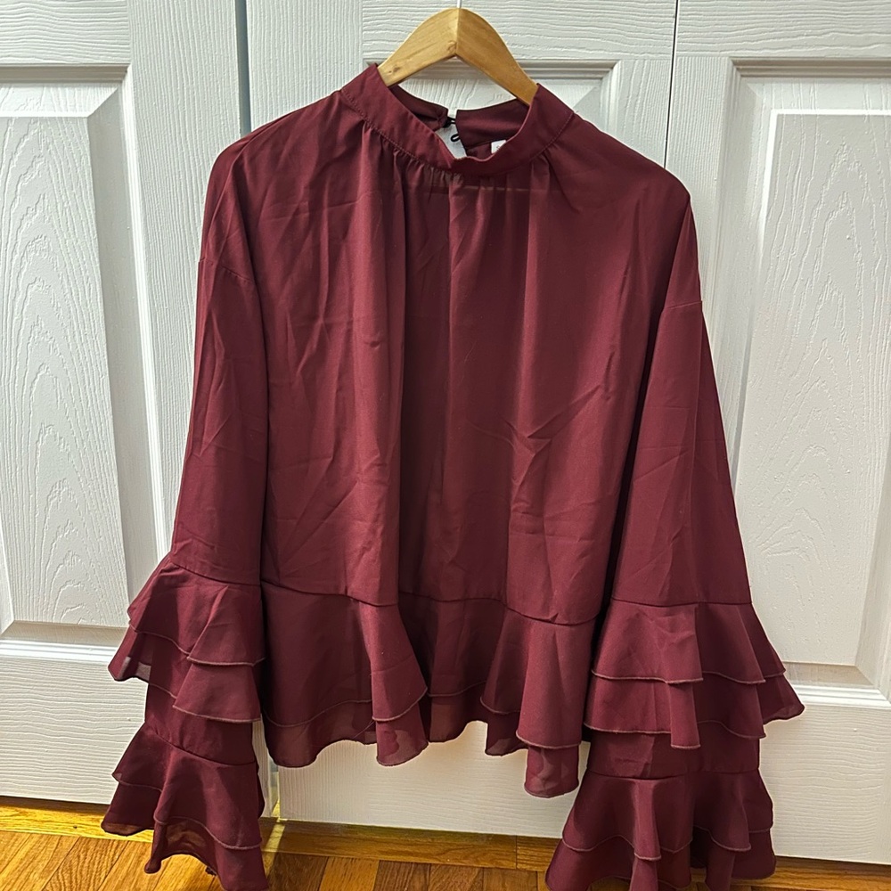 Burgundy ruffle sleeve hem long sleeve blouse